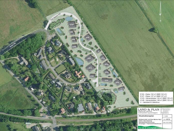 Jakobsen Huse vil bygge 25 træhuse i Alken. Illustrationsplan fra lokalplanforslaget.