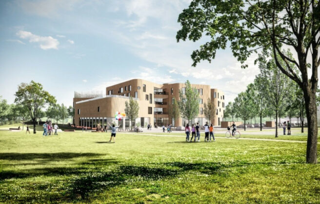 Politikerne i Odense har godkendt lokalplanen for Tietgenskolens nybyggeri på City Campus. Visualisering fra lokalplanen.