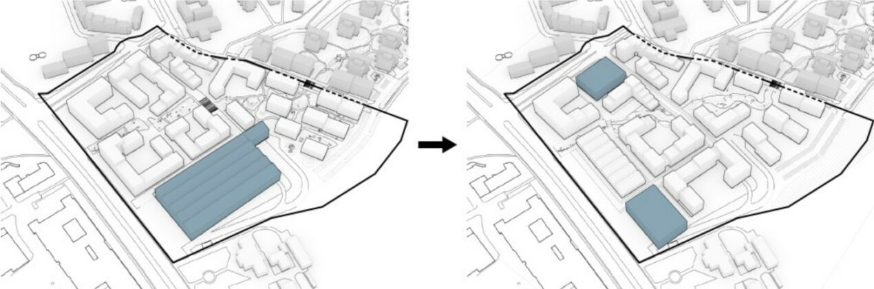Illustration fra lokalplanforslaget af parkeringshuse hvor den tidligere disponering ses til venstre, mens den nye disponering ses til højre.