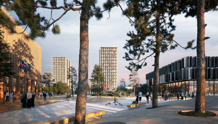 Fem nye højhuse og en ny skole samt nye rækkehuse og etageejendomme med butikker i stueetagen er en del af Cobes forslag til det nye Brøndby Strand. Visualisering: Team Cobe.