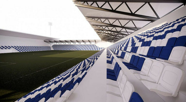 Plan for et nyt stadion i Odense til fodboldklubben OB. Visualisering: Rambøll.