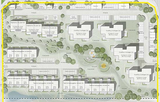 Selmer Gruppen skal bygge 90 boliger på Moldevej i Finlandsparken i Vejle. Illustrationsplan: Atra Arkitekter.