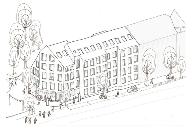 Frederiksberg Kommune vil sælge grund til byggefællesskab. Illustration af et skitseret projekt: Mangor & Nagel.