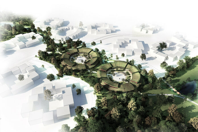 FSB bygger to cirkelformede huse i træ med 42 almene boliger i Køge Nord Skovby. Visualisering: Peter Kjær Arkitekter.