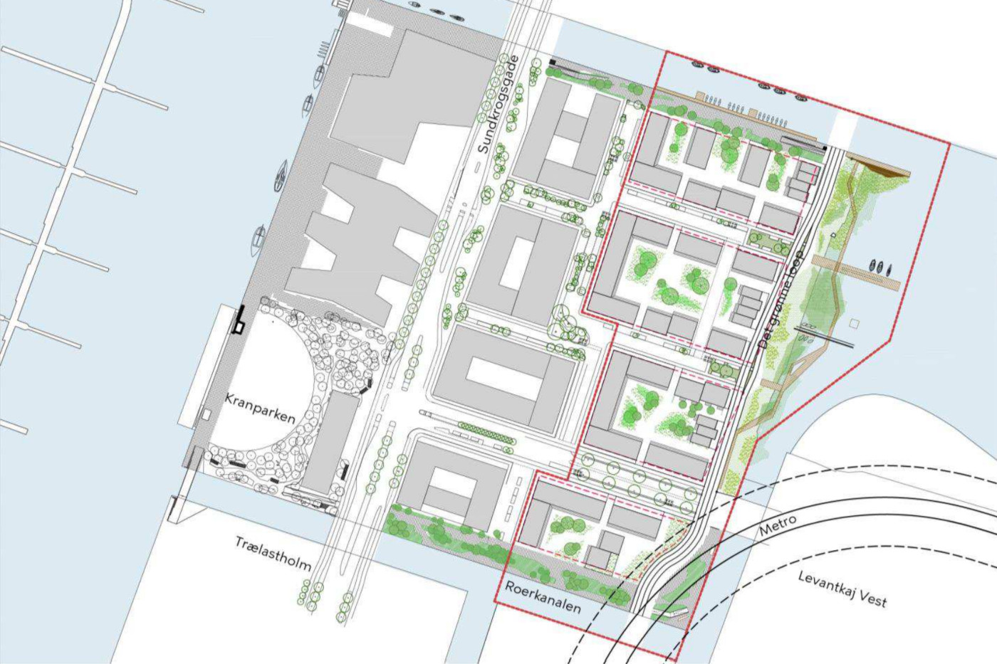 Foreløbig situationsplan af bygherres forslag til bebyggelsesplan Rød stiplet linje angiver lokalplanområdet. Illustration Sleth/Cobe.