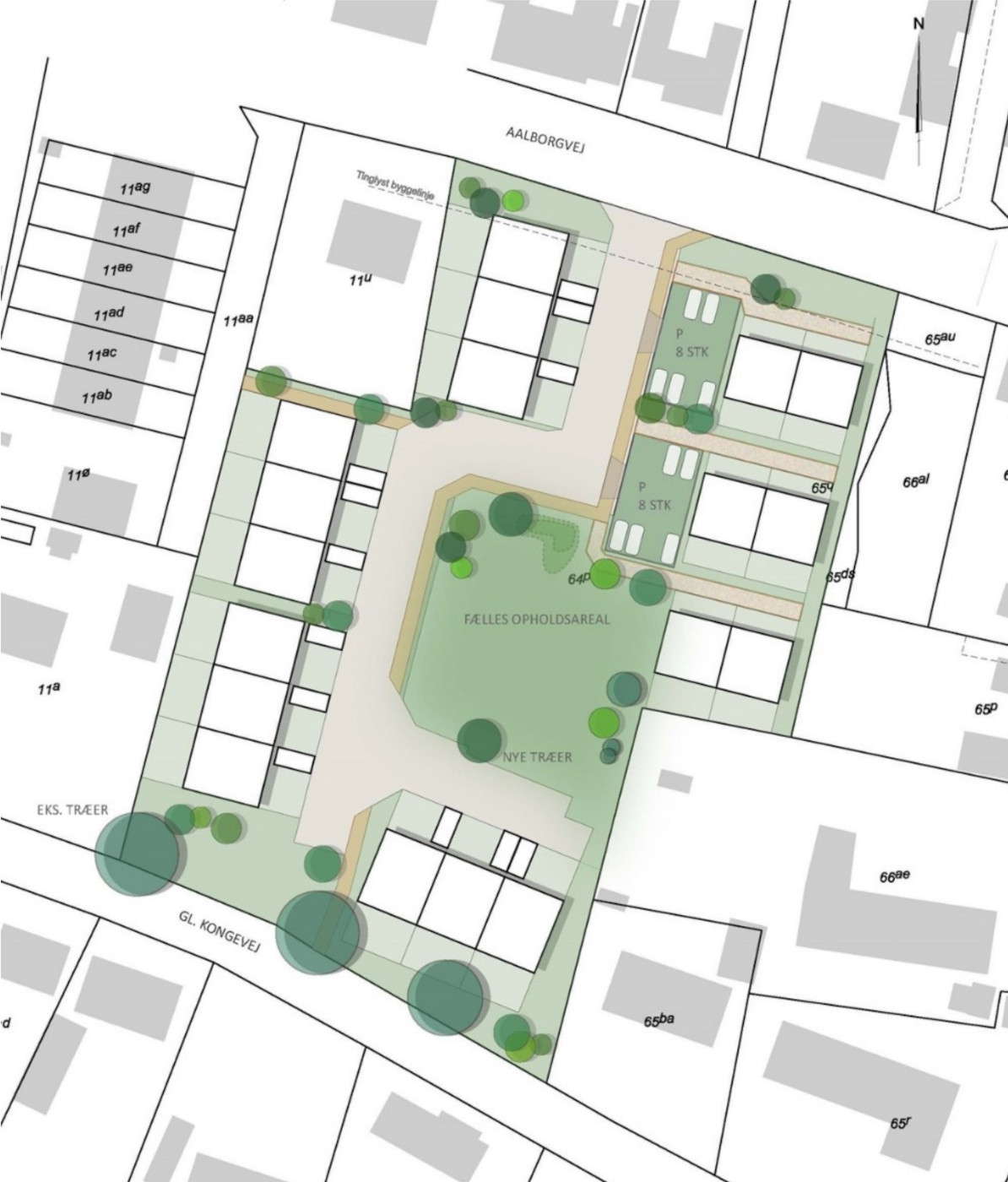 Efter planen skal nye rækkehuse erstatte gammel landbrugsejendom mellem Aalborgvej og Gl. Kongevej i Gandrup. Illustration fra lokalplanforslaget.