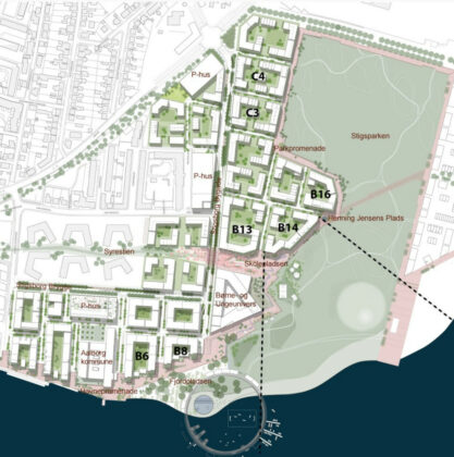 Oversigt over planen for første etape af Stigsborg i Nørresundby. Udviklingsplanen for det nye bydel er udarbejdet af Team Vandkunsten.