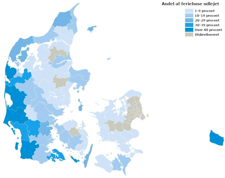 Andel af feriehuse udlejet i de danske kommuner i juli 2022. Kilde: Danmarks Statistik.