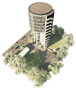Arkikon omdanner vandtårn på Hadsundvej i Randers til boliger, kontorer og restaurant. Visualisering: Arkikon.