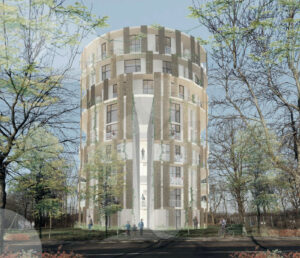 Byggefirmaet Knudsgaard vil omdanne vandtårnet ved Nørrebrogade i Holstebro til ungdomsboliger. Visualisering fra lokalplanen.