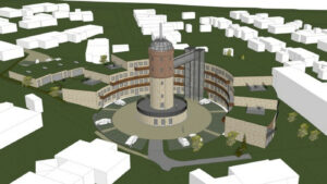 Vandtårn i Aars skal være omdrejningspunkt for stort boligprojekt. Illustration fra lokalplanen.
