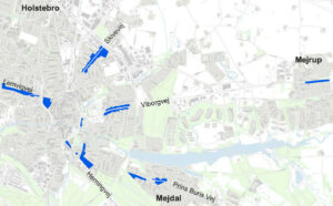 I områderne markeret med blåt skal det være nemmere at bygge rækkehuse. Illustration: Holstebro Kommune.