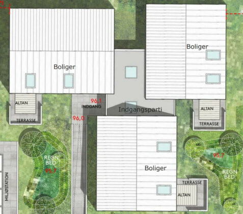 Therkildsen Ejendomme står bag planen om at bygge nye boliger på parkeringspladsen ved det nu nedlagte sygehus i Give. Visualisering: RUM Arkitekter.