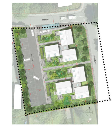 Therkildsen Ejendomme står bag planen om at bygge nye boliger på parkeringspladsen ved det nu nedlagte sygehus i Give. Visualisering: RUM Arkitekter.