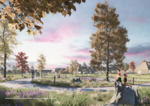 Helhedsplanen for et nyt boligområde med både rækkehuse, punkthus og parcelhuse i Nyborg Vest er godkendt. Visualisering: Lytt Architecture.