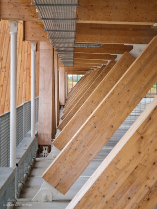 Trækonstruktionerne giver bygningen et varmere og mere venligt udtryk end grå betonvægge. Foto; Graam.
