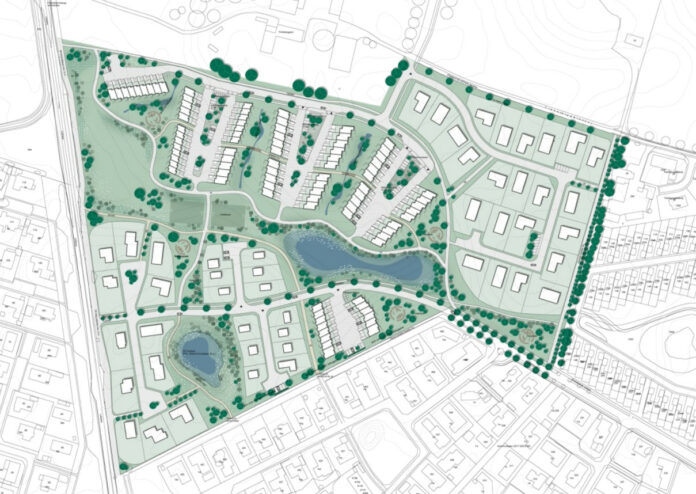 Der skal både bygges nye parcelhuse, rækkehuse, lejligheder og almene boliger i Mårslet ved Aarhus. Illustrationsplan fra lokalplanforslaget.