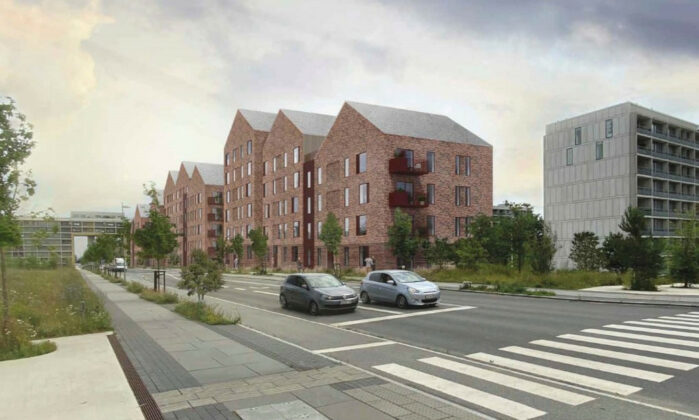 Politikere er lunkne over for stort boligprojekt med lejligheder og rækkehuse ved Trille Lucassens Gade og Gudrunsvej i Gellerup i Aarhus. Illustration fra lokalplanen.