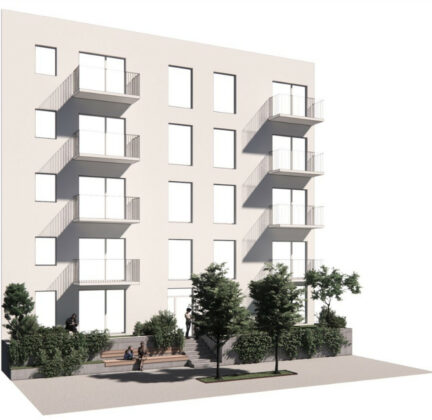 Illustration med et eksempel på kantzonen på plinten langs strædet bag Trille Lucassens Gade. Illustration fra lokalplanen.