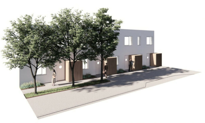 Illustration med eksempel på rækkehusenes kantzone mod boligstrædet i nord. Illustration fra lokalplanen.