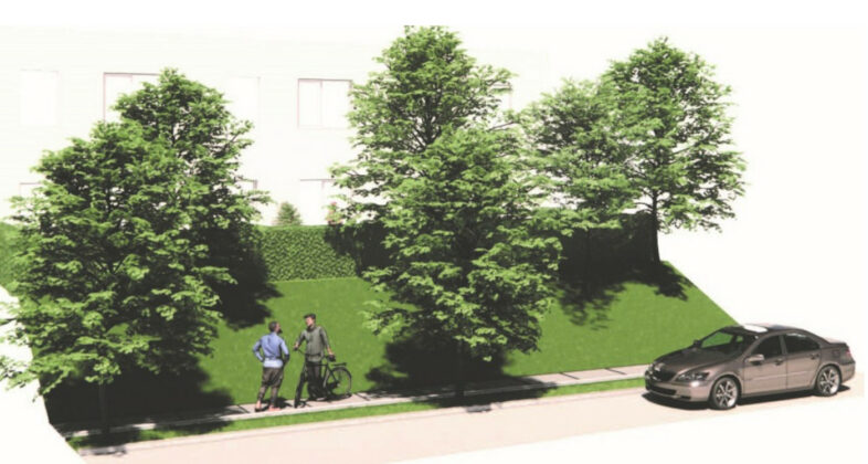 Illustration med eksempel på hvordan rækkehusenes private haver ud mod den beplantede skråning langs Gudrunsvej kan beplantes og afskærmes for vejstøj. Illustration fra lokalplanen.