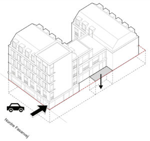 Fremtidige forhold med ny bebyggelse set mod vest fra Nordre Fasanvej. Der er mulighed for at lave parkeringsanlæg under terræn med bilelevator såfremt det vurderes, at der er behov for bilparkering. Illustration: Tegnestuen Lokal.