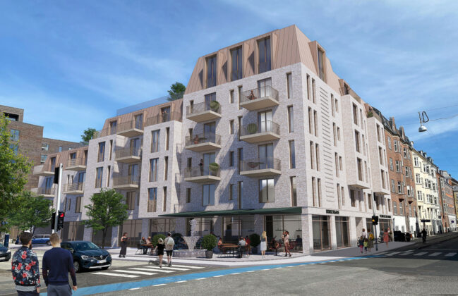 Dahl-Jensen Ejendomme står bag projekt med 40 lejligheder på hjørnet af Badehusvej og Borgergade, hvor West-End tidligere lå. Illustration: Krogh Arkitektur.
