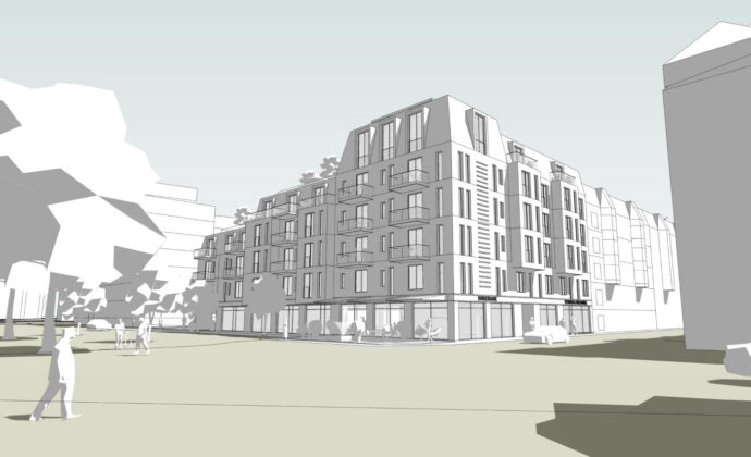 Dahl-Jensen Ejendomme står bag projekt med 40 lejligheder på hjørnet af Badehusvej og Borgergade, hvor West-End tidligere lå. Illustration: Krogh Arkitektur.