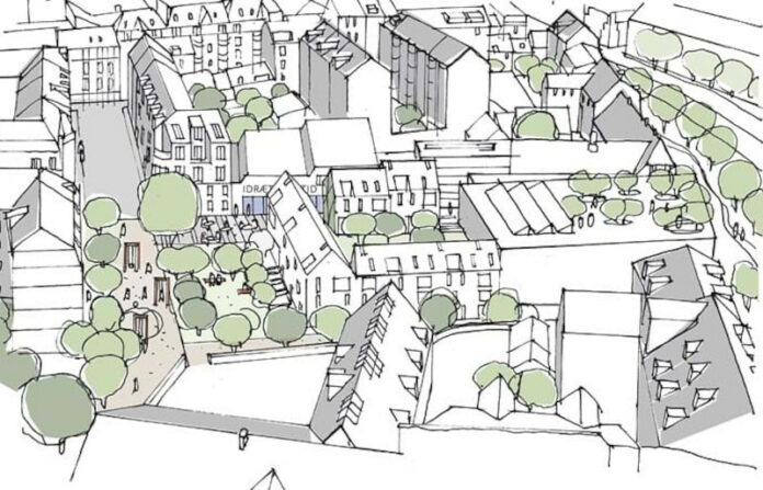 Rådmand vil erstatte parkeringsplads bag den tidligere arkitektskole i Aarhus med boliger og grønt byrum. Visualisering: Aarhus Kommune.